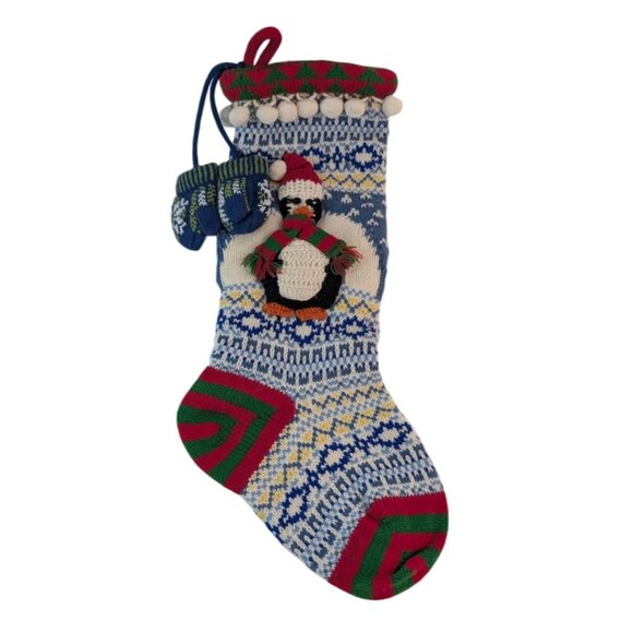 Knit Christmas Stocking Penguin Argyle Striped Wool Acrylic 20” Mittens - Picture 1 of 5